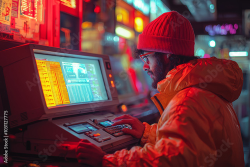 A person using a dial-up internet connection, capturing the early frustrations of going online in the 90s. Concept of technology. photo