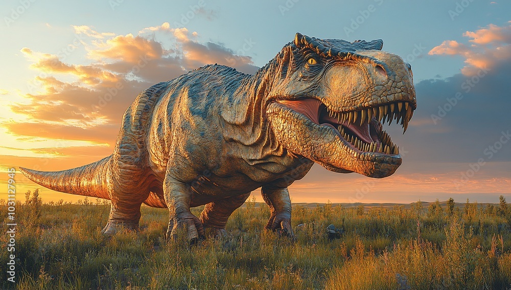 Fototapeta premium A realistic depiction of a Tyrannosaurus rex in a vibrant sunset landscape.