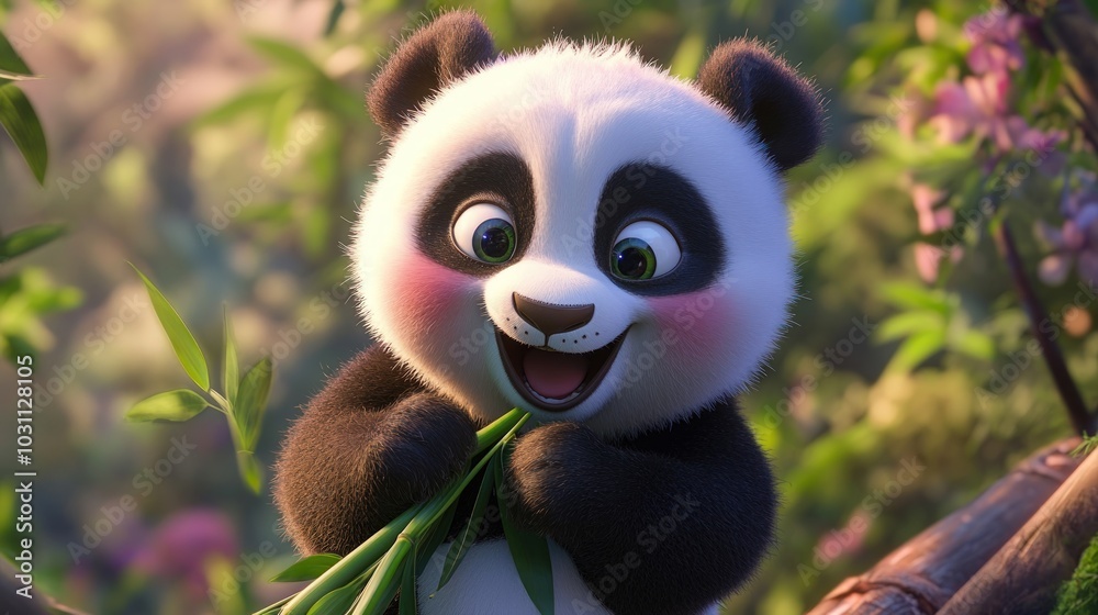 Fototapeta premium A cute cartoon panda cub with rosy cheeks happily eats bamboo shoots in a lush green forest.