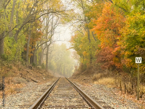 Autumn colored trees over train tracks at 