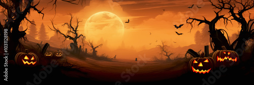 Spooky Halloween landscape with eerie pumpkins and full moon against a dark, haunting backdrop