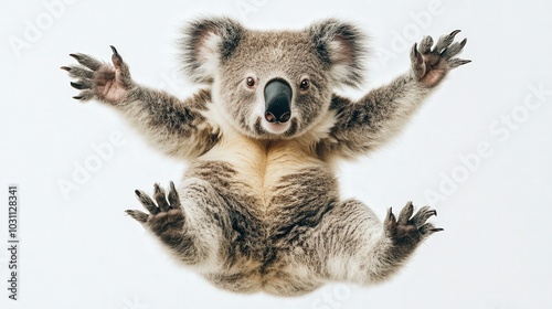 Koala in Flight - Hyperealistic High-Quality Studio Stock Image with High Contrast and Lighting on White Background