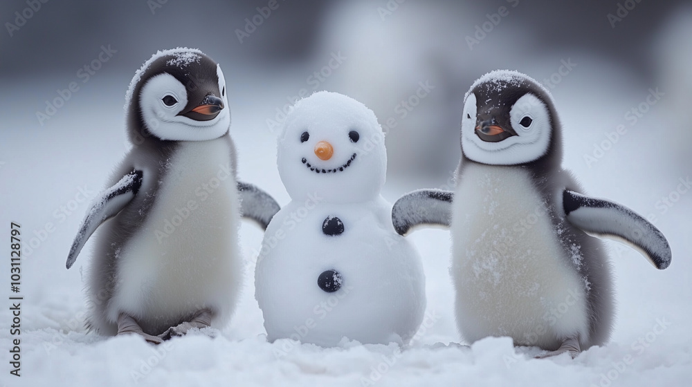 two small, cute, funny penguins hugging a snowman in the wildlife and nature during the winter season