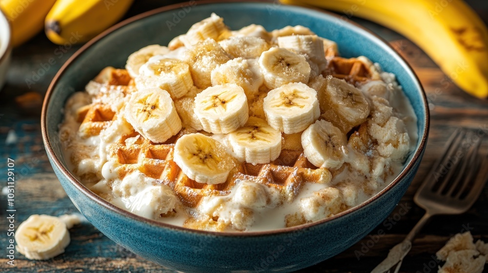 A bowl of waffles topped with sliced bananas and whipped cream, a fork on the side. A bowl of waffles topped with sliced bananas and whipped cream, a fork on the side.