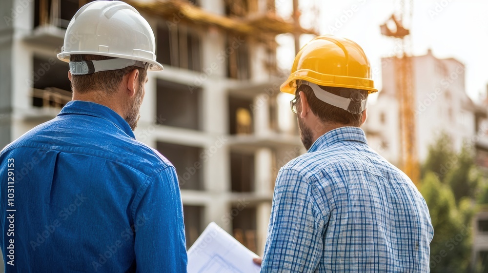 Construction Workers Discussing Building Project at Construction Site Construction Workers Discussing Building Project at Construction Site