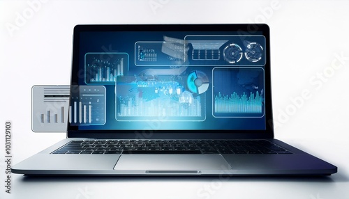 Wallpaper Mural A graphic display of data analytics on floating screens above a laptop, with a white background, symbolizing digital analysis Torontodigital.ca