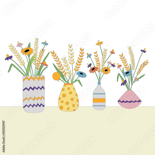 Flowers in vases. Illustration in boho style. Can be used to create postcards, backgrounds, covers, patterns, textiles, clothes, souvenirs and more.