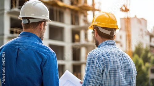 Construction Workers Discussing Building Project at Construction Site