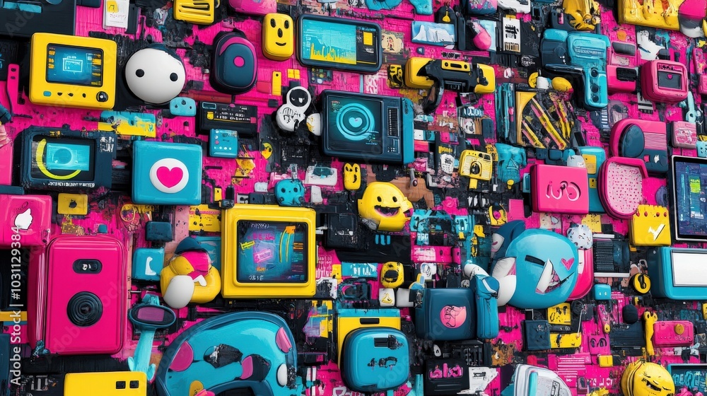 Neon-Saturated Abstract Tech World with Digital Devices Neon-Saturated Abstract Tech World with Digital Devices