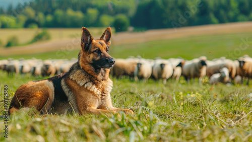 German shepherd dog guarding a flock of sheep in a green field