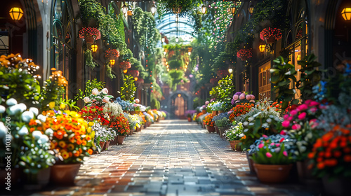 Orangery with a central avenue that stretches far into the distance and is lined with a variety of flowers on either side. The glass roof lets in the sun's rays and creates the effect of a fairy tale