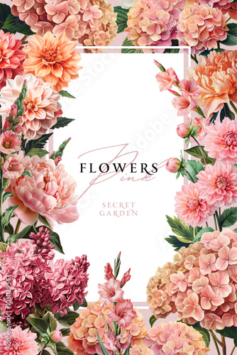 Vintage vector illustration with pink flowers on a changeable background. Floral design template for wedding invitation, greeting card, notebook cover, flyer or banner.