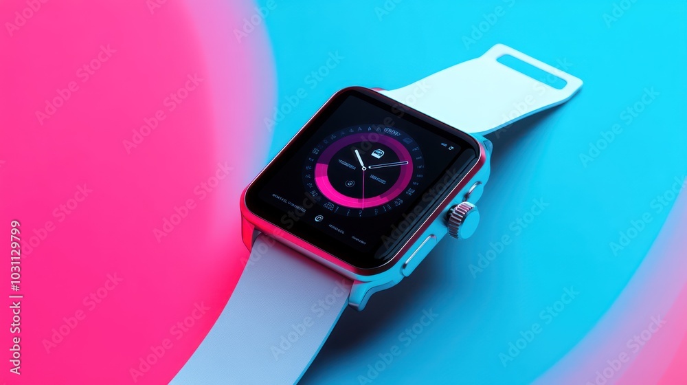 Modern smartwatch with a white band on a blue and pink background. Modern smartwatch with a white band on a blue and pink background.