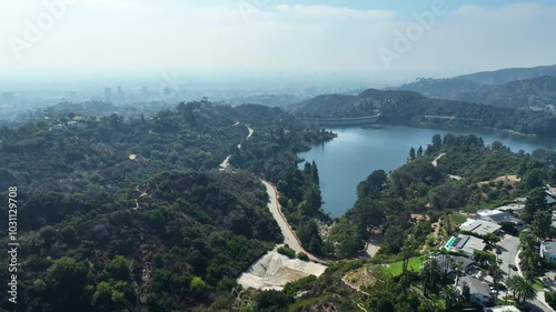 Aerial Panagraphic from Mulholland Dam and Hollywood Reservoir towards Los Angeles in Distance