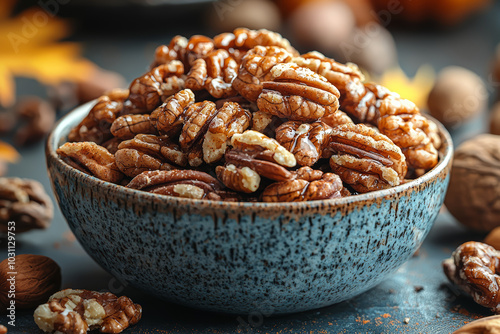 Spiced nuts are a popular autumn snack and addition to salads or baked goods. Concept of spiced nuts.