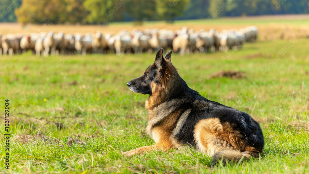 German shepherd dog guarding a flock of sheep in a green field German shepherd dog guarding a flock of sheep in a green field
