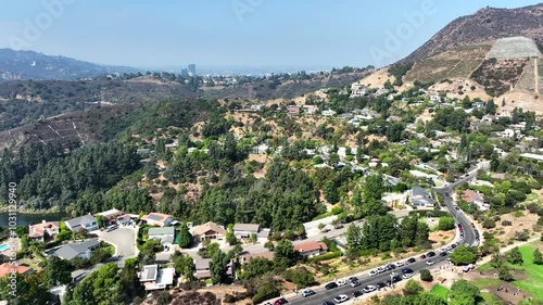 Gorgeous Pan from Hollywood Hills to the Mulholland Dam and Hollywood Reservoir