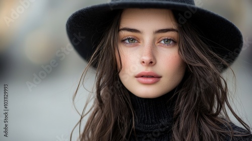 Elegant Woman in Black Hat Gazing Thoughtfully in Winter Nature