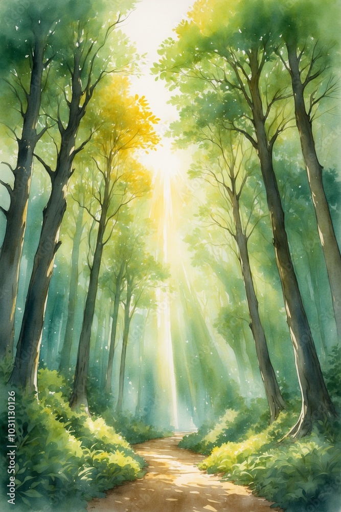 Obraz premium Enchanting watercolor forest scene with sun rays illuminating a tranquil path
