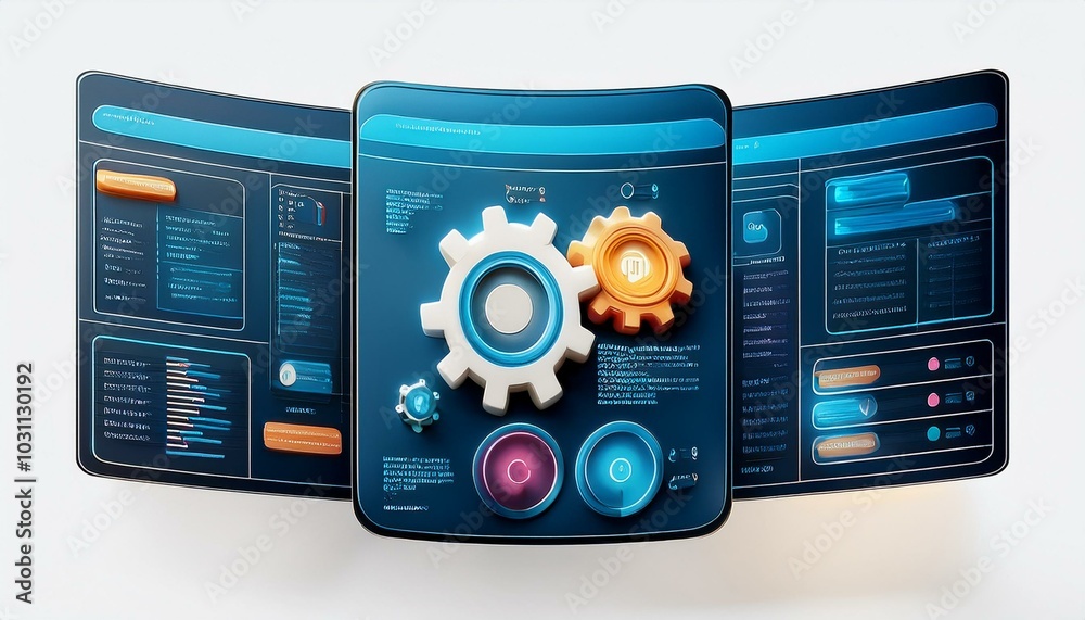 Fototapeta premium A software interface with gears and multiple menu options, isolated on a white background. Modern tech concept. 3D Rendering