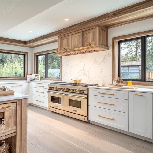 Modern Kitchen Interior with White Cabinets, Gold Accents, and Large Windows in a Contemporary Home