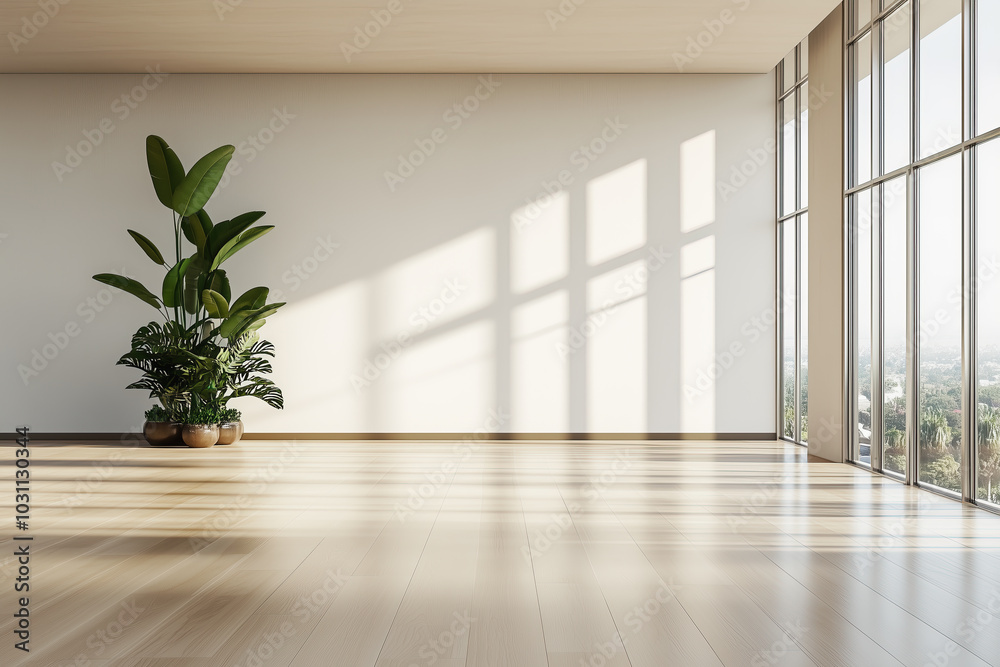 Bright Minimalist Room with Large Windows and Plants Bright Minimalist Room with Large Windows and Plants