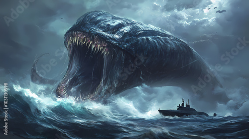 As a leviathan awakens from deep waters, a naval submarine surfaces, breaking the calm of the sea. Sea Leviathan. Illustration photo