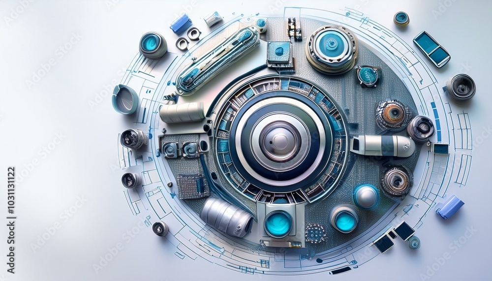 Abstract technological elements arranged in a circular fashion on a white background, depicting a concept of innovation and futuristic design Abstract technological elements arranged in a circular fashion on a white background, depicting a concept of innovation and futuristic design