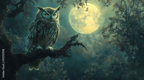 A wise old owl, perched on a branch in a moonlit forest, its piercing gaze and soft feathers giving off an air of mystery. Moonlit Pegasus. Illustration