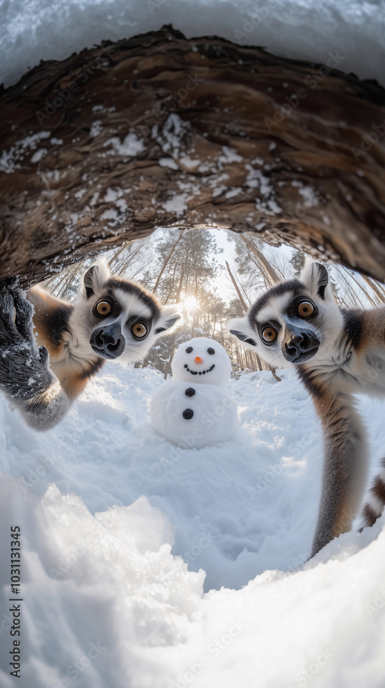 pair of cute, funny lemurs playing with a snowman in the forest, in the wildlife and nature during the winter season