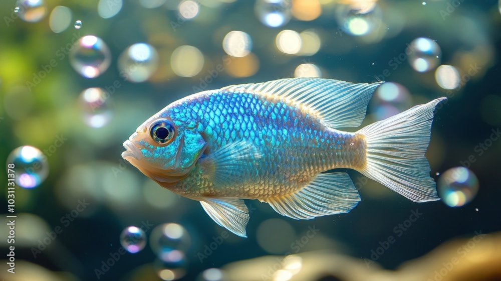 A single blue and silver fish swims through clear water with bubbles in the background. A single blue and silver fish swims through clear water with bubbles in the background.