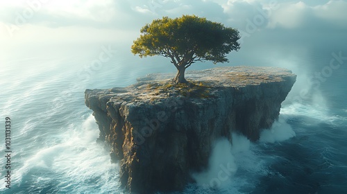 A single tree stands tall on a rocky island in the middle of a stormy sea.