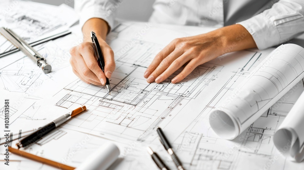 Engineering Workspace with Technical Drawings and Architectural Plans Engineering Workspace with Technical Drawings and Architectural Plans