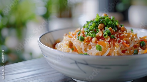 A bowl of cold noodles with peanuts, scallions, and chili oil. photo