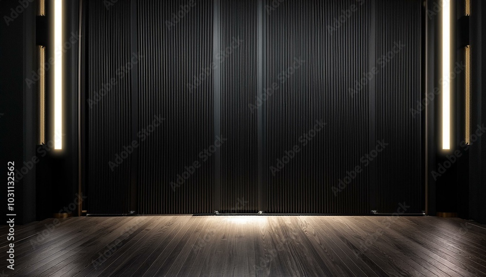 Black partition with copyspace in the center of stylish black room with led lights on walls. 3D rendering, mockup Black partition with copyspace in the center of stylish black room with led lights on walls. 3D rendering, mockup