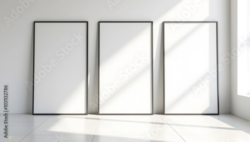 blank white empty posters on a modern indoor wall for advertisement with a concrete floor. 3D Rendering