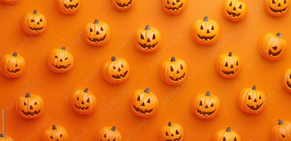 A cute smiling pumpkins pattern on an orange background, a Halloween concept, with copy space. A cute smiling pumpkins pattern on an orange background, a Halloween concept, with copy space.