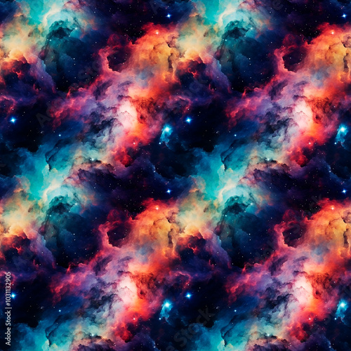 Space nebulae and stars, digital art, cosmic, awe-inspiring mood, vibrant galaxies. Seamless pattern, background