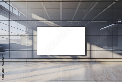 display blank clean empty white screen or signboard mockup for offer or advertisement on modern tiled wall with sunlight. 3D Rendering