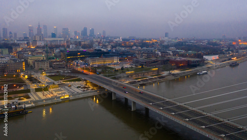 Aerial view on the Swietokrzyski bridge over the Vistula river. Warsaw, Poland