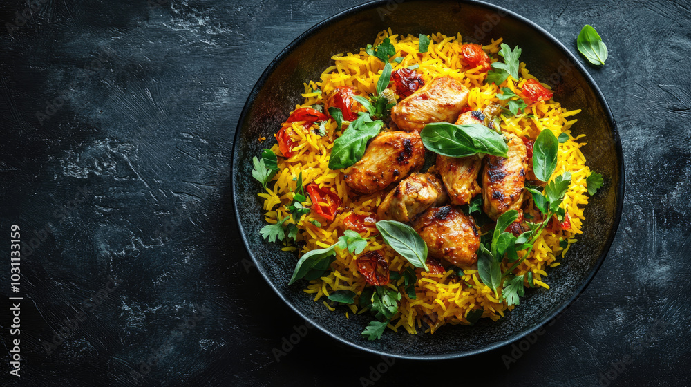 A plate of food with chicken and rice. The rice is yellow and the chicken is grilled. The plate is black and the background is dark A plate of food with chicken and rice. The rice is yellow and the chicken is grilled. The plate is black and the background is dark
