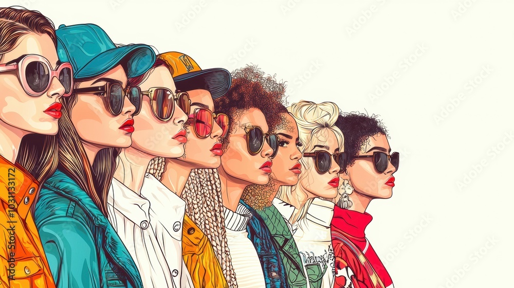 Diverse group of friends hanging out and enjoying summer day in stylish casual fashion Diverse group of friends hanging out and enjoying summer day in stylish casual fashion