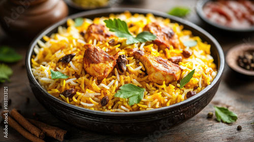 A bowl of yellow rice with chicken and green herbs is placed on a wooden table. The rice is cooked and has a yellow color, while the chicken is cooked and has a brown color