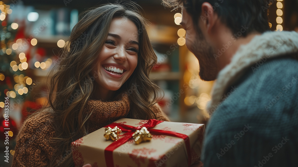 smiling woman receiving a Christmas gift from a man with holiday lights in the background creating a joyful and festive atmosphere