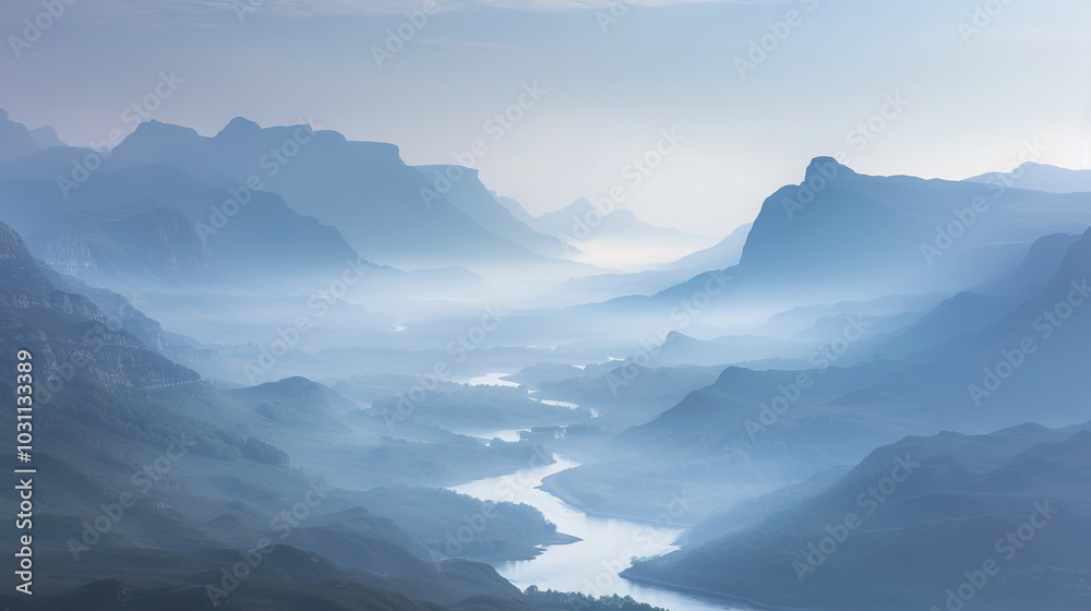 Foggy Mountain Valley at Dawn with Peaks Barely Visible - Serene Landscape Concept of Tranquility, Nature's Beauty, and Morning Calm