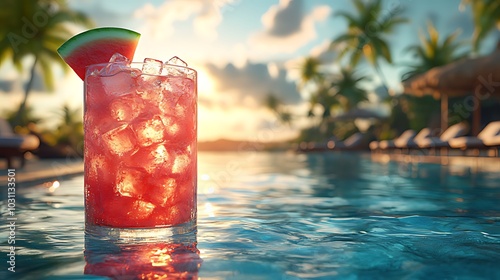 A glass of watermelon juice with ice cubes in a swimming pool with lounge chairs and palm trees in the background.