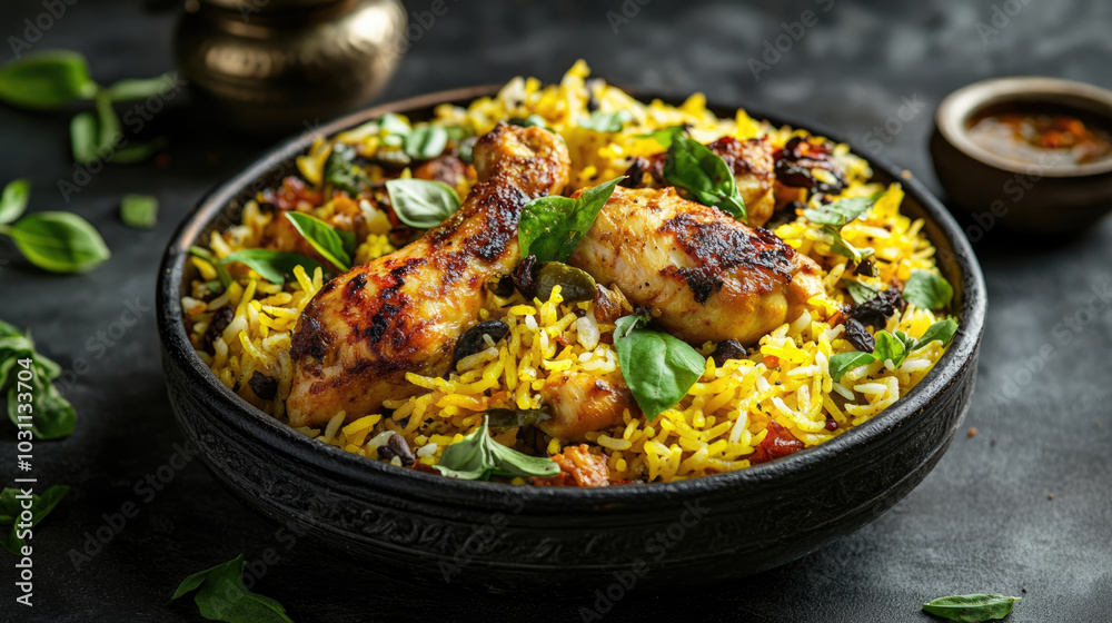A bowl of chicken and rice with green herbs. The bowl is black and the rice is yellow A bowl of chicken and rice with green herbs. The bowl is black and the rice is yellow