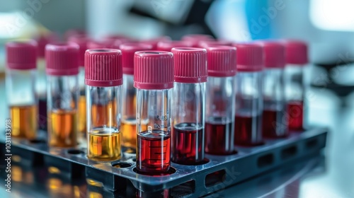 Various test tubes and laboratory equipment on a scientific workbench