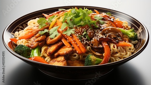 A close-up of a bowl of noodles with chicken, vegetables, and sesame seeds.