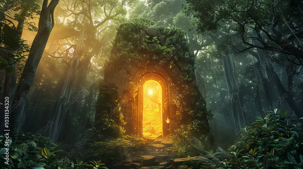 Mysterious Glowing Portal in Ancient Forest with Sunlight Streaming Through Dense Trees - Concept of Magic, Adventure, and Exploration Mysterious Glowing Portal in Ancient Forest with Sunlight Streaming Through Dense Trees - Concept of Magic, Adventure, and Exploration